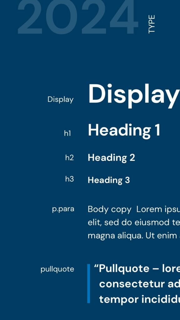 kcdc-web-UX-type-design Sample of typography showing styles for Display, Heading 1, Heading 2, Heading 3, body text, and pull quote with placeholder text.